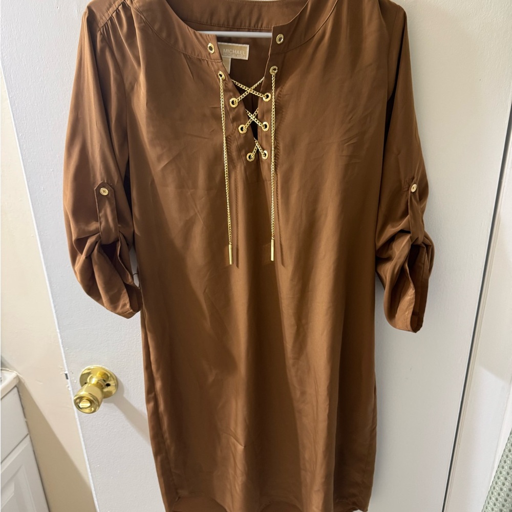 Brown Lace-Up Tunic Dress